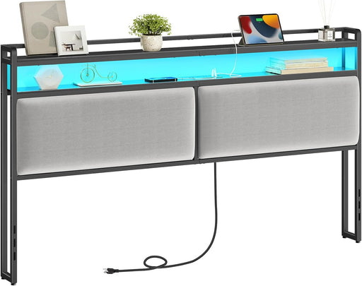 King Size Upholstered Headboard, Storage Headboard with Charging Station and Adjustable LED Lights, 2 Standard Outlets and 2 USB Ports, King Headboard Only, Easy Assembly, Black and Gray