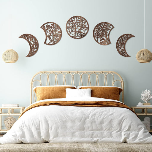 5 Pieces Moon Phase Wall Hanging Decor Wooden Moon Wall Art Nordic Moon Phases Wall Art Moon Decor for Room Bar Ornament (Brown)