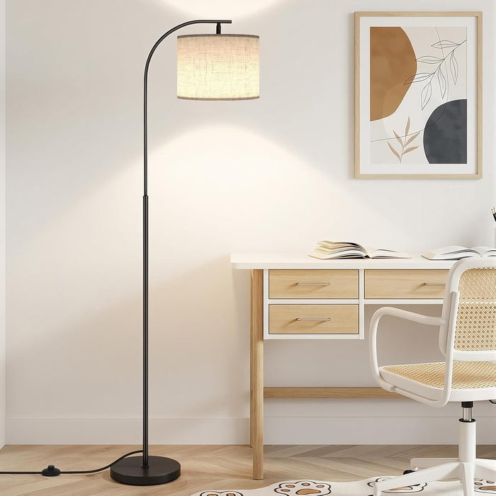 Floor Lamp with Linen Shade, Arc Dimmable Tall Standing Lamp with Remote Control, Modern Floor Reading Light for Living Room Bedroom Office Corner, 9W LED Bulb Included