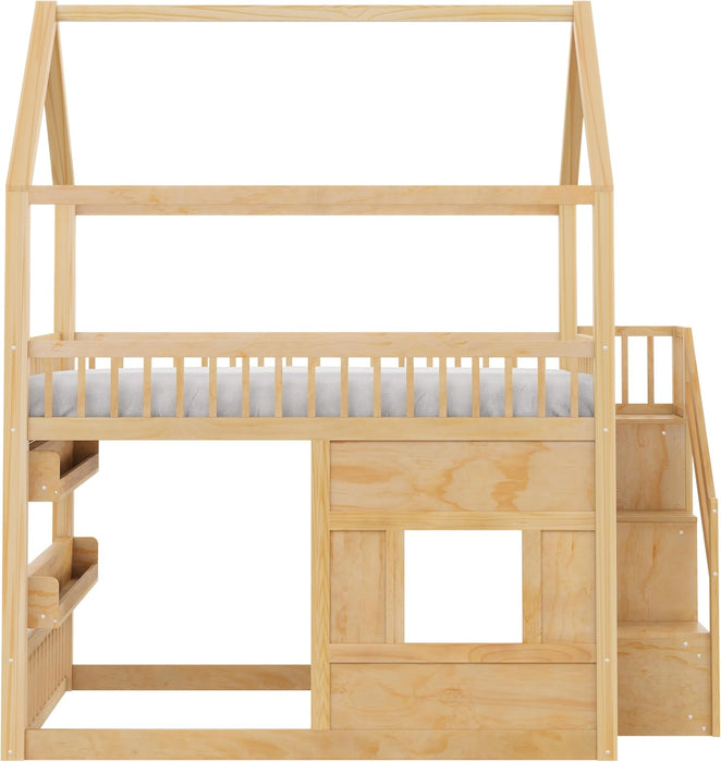 Full Size Natural Wooden House Bed With LED Lights