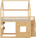 Full Size Natural Wooden House Bed With LED Lights