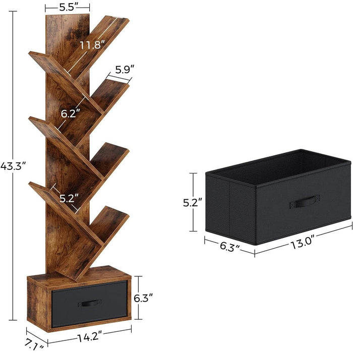Bookshelf with Drawer, 7 Shelf Tree Bookshelf, Wooden Bookshelves Storage Rack for Cds/Movies/Books, Rustic Brown Bookcase, Utility Organizer Shelves for Living Room, Bedroom