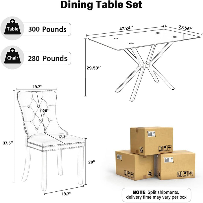 5 Pieces Modern Luxury Glass Dining Set, Minimalist Rectangle Dinner Room Set for 4, 47'' Black Glass Top Kitchen Table Set with Black Tufted Chairs, for Small Apartment Home