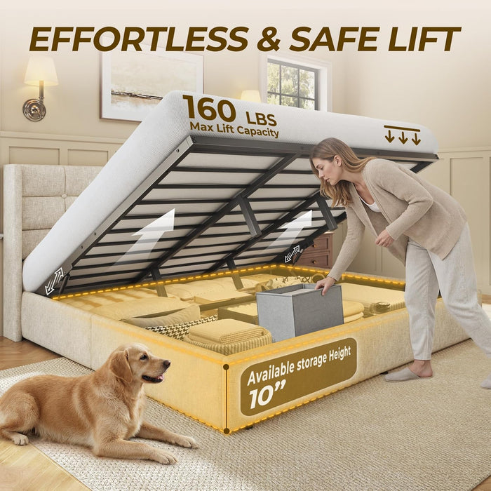 King Size Lift up Storage Bed Frame, Linen Upholstered Platform Bed with Wingback Headboard, Heavy Duty Hydraulic Gas Lift Underbed Space, Reinforced Full Metal Slats, Noise Free, Beige