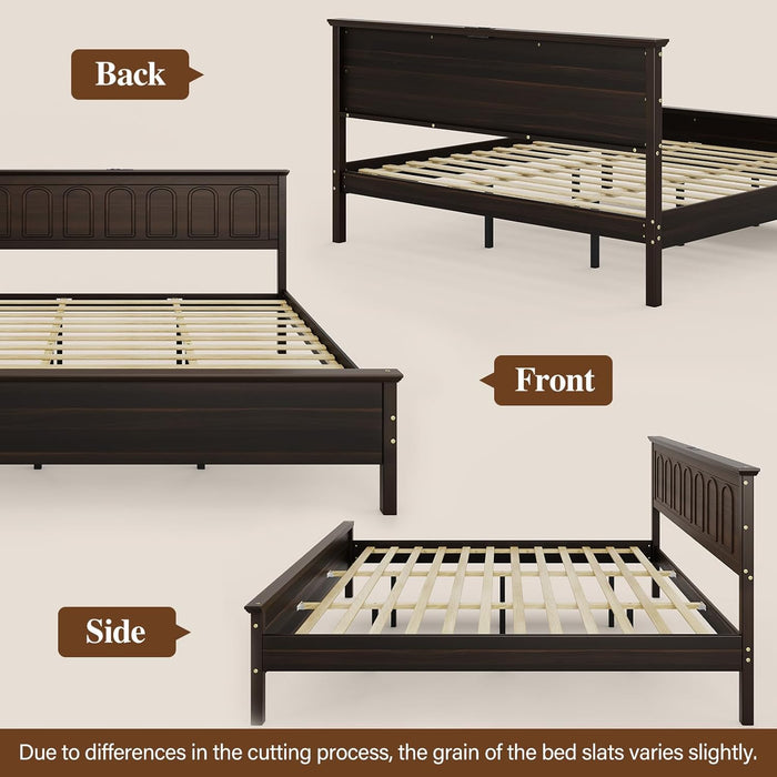 Queen Size Bed Frame with Tall Headboard, Mid Century Modern Wood Platform Bed with Charging Ports and LED Lights, Solid Wood Slat Support, No Box Spring Needed, Easy Assembly, Walnut Brown