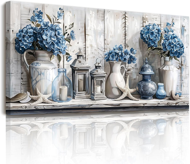 Floral Wall Art, Large Wall Art, Rustic Wall Decor, Nautical Still Life Art Prints, Blue Hydrangea Canvas Pictures, Grey Paintings for Living Room Bedroom Bathroom Kitchen Farmhouse 20"X40"