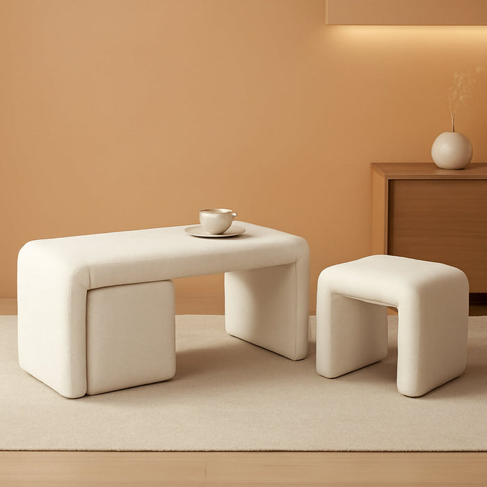 3-Piece Nesting Ottoman Bench Set, 40.5" Wide Upholstered End of Bed Bench with 2 Small Stools Sherpa Comfy Entry Bench Vanity Stools Modern Arched Bench for Living Room Bedroom, White