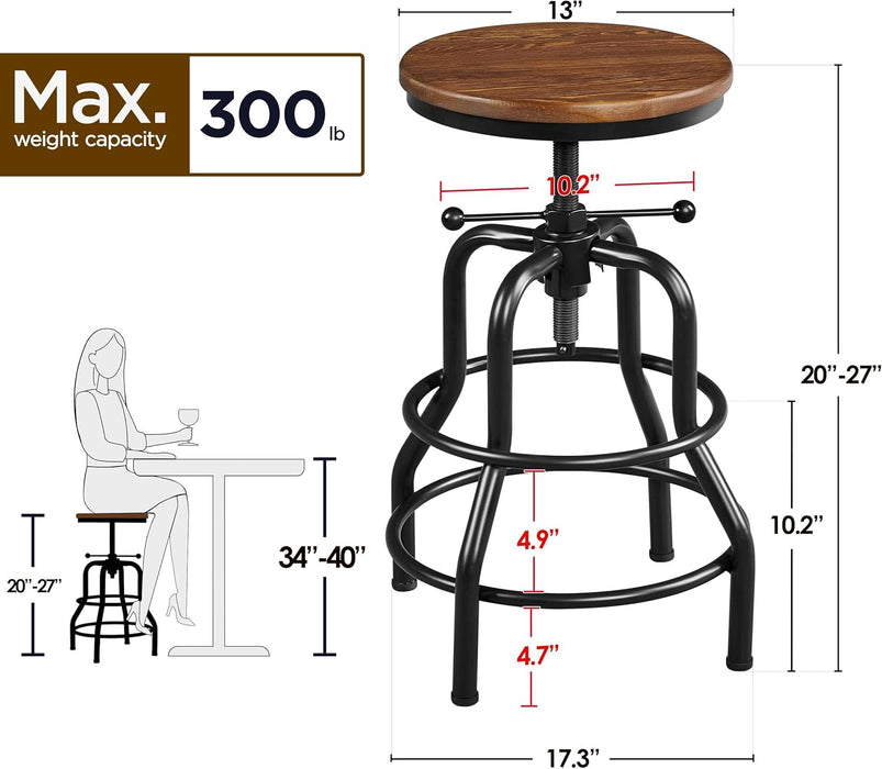Industrial Bar Stool Vintage Counter Stool Rustic Counter Height Bar Stool Adjustable Metal Stool with round Wood Seat Kitchen/Dining/Cafe Chair 20-27 Inch Tall, Brown, 1PCS