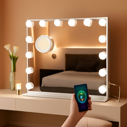 Vanity Mirror with Lights: Hollywood Lighted Makeup Mirror with 15 LED Bulbs, 22.8''X18'' Light up Mirror with 3 Colors Modes for Desk, Large Mirrors with USB Charging Port for Bedroom, White