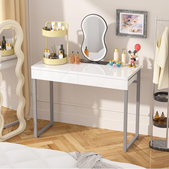 Vanity Desk with 2 Drawers,Glossy Desktop White Desk for Bedroom,Makeup Table with Storage Space,Small Desk for Home Office,39 Inch No Mirror