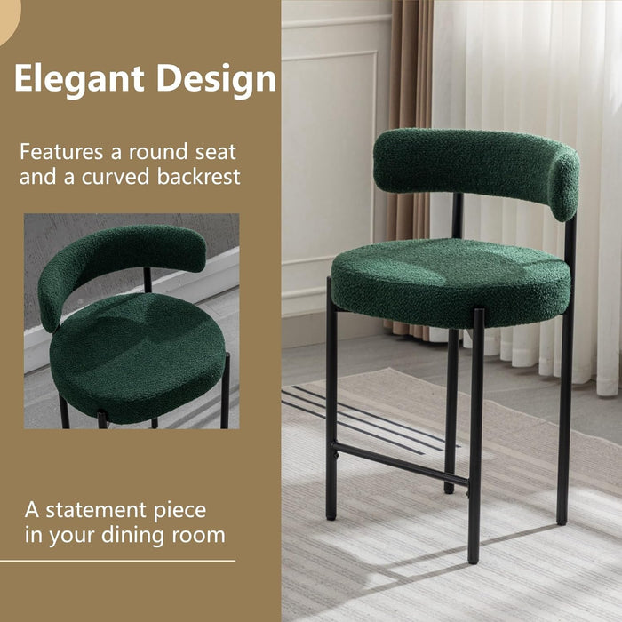 Counter Height Bar Stools, 24'' Green Bar Stools Set of 3, Boucle Barstools with Back, Mid-Century Modern Bar Chairs for Kitchen Island, Dining Room