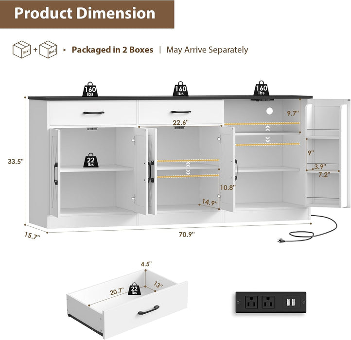 71" W Kitchen Buffet Cabinet with Storage, Large Coffee Bar Cabinet