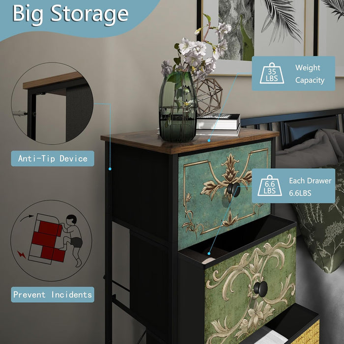 Slim Dresser With Retro Flower Pattern Design For Bedroom