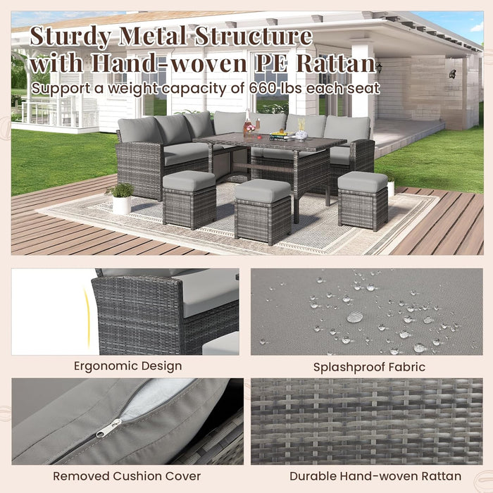 7 Pieces Patio Furniture Set, Outdoor Sectional Sofa Conversation Set, All Weather Wicker Rattan Dining Table & Chair with Ottoman, Grey Rattan&Grey Cushion