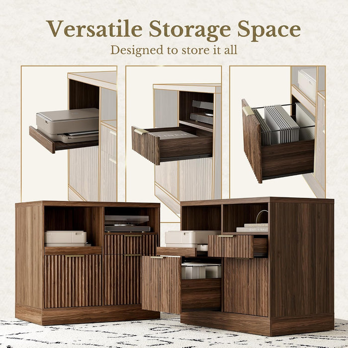 3 Drawer File Cabinet, Fluted Wood Lateral Filing Cabinet with Charging Station for Home Office, Fits for A4/Letter-Sized Files, Printer Stand with Open Storage Shelves, Black Walnut