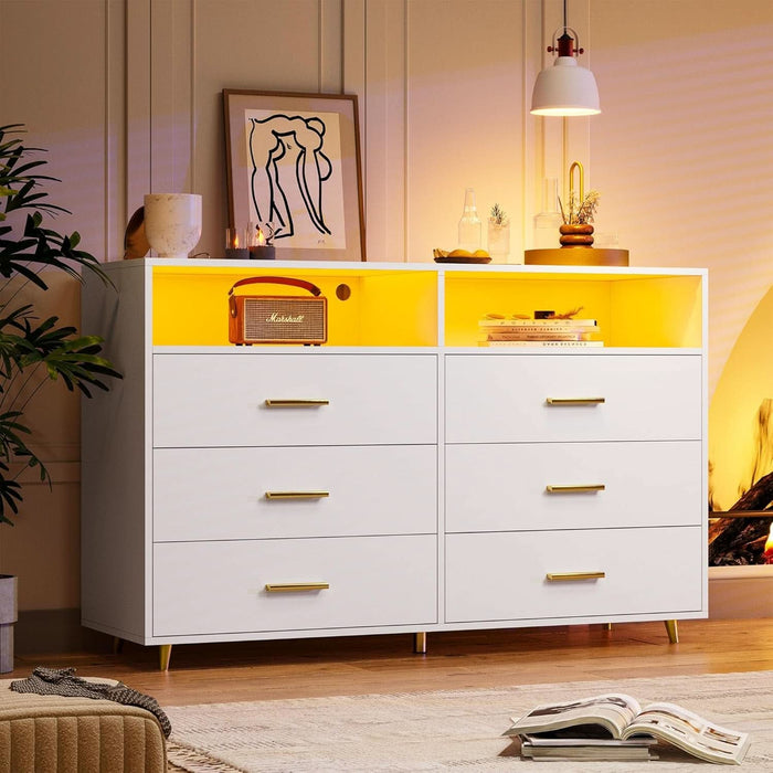 White Dresser with LED Lights, 6 Drawers & 2 Open Shelves Top Dresser for Bedroom, Wood Chests of Drawers