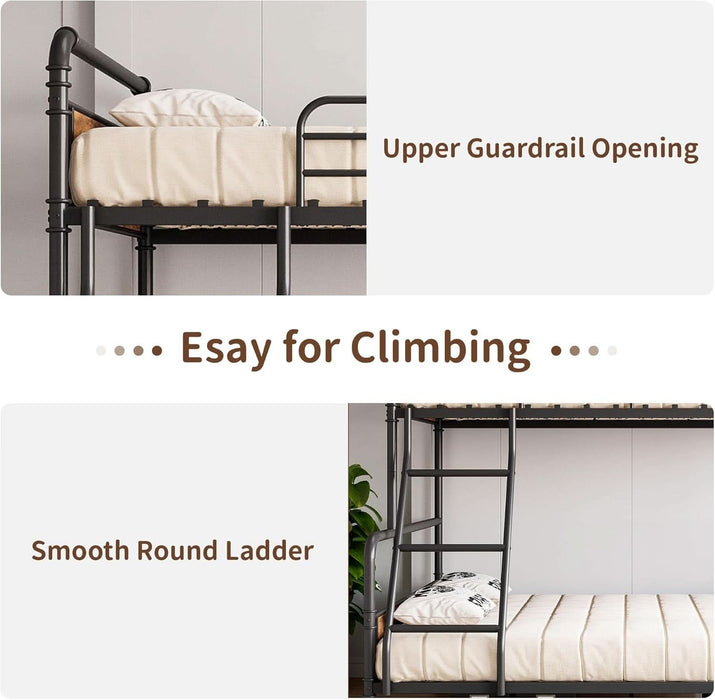 Bunk Bed Twin over Full Size with High Guardrail and Ladder,Twin Size Convertible Metal Bunk Beds for Kids/Teens/Adults,Easy Assembly, No Box Spring Needed,Vintage Brown