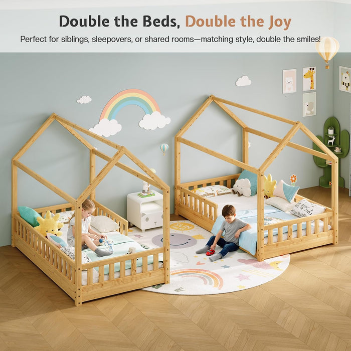 Twin Size NaturalWood PlayhouseStyle Bed Guardrails