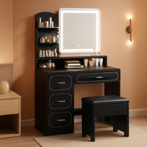 Vanity Table with LED Mirror & Power Outlet - 5 Open Shelves, 4 Drawers - Includes Padded Stool - Ideal Bedroom Makeup Dressing Table （Black）