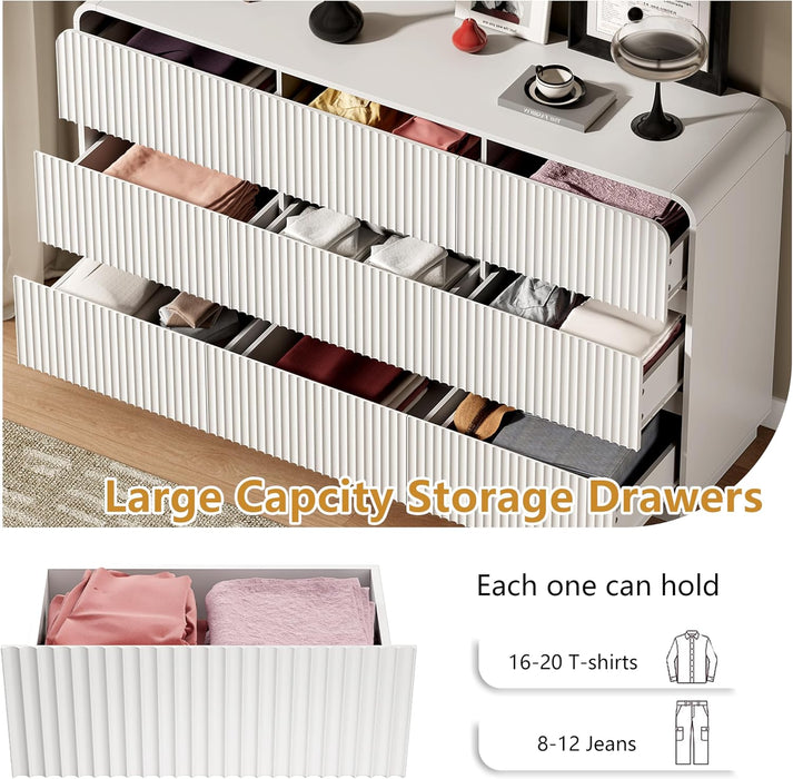White Dresser Fluted 9 Drawers Dresser for Bedroom, 59" Wide Wood Chest of Drawers with Hidden Handles & Rounded Corners, Modern TV Stand Storage Cabinet for Living Room, Hallway, Entryway