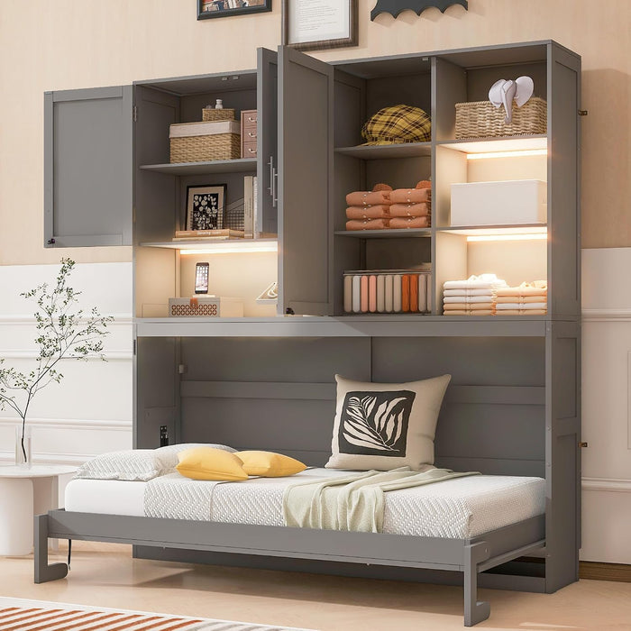 Twin Murphy Bed UltraSpaceSaving Cabinet Shelves Gray