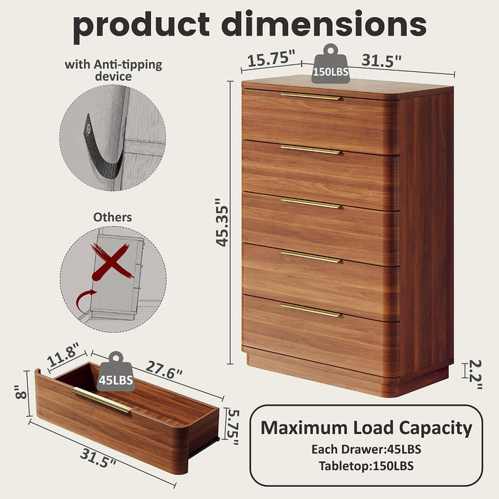 5 Drawer Dresser for Bedroom, 45" Tall Modern Chest of Drawers with Metal Handle, Curved Profile Design, Wooden Closet with Large Drawers Dressers Organizer for Entryway Hallway