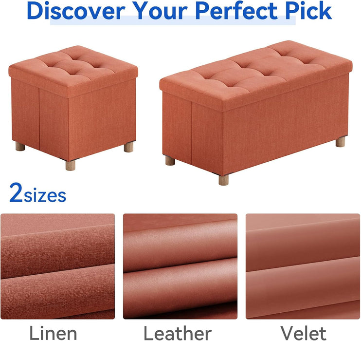 30 Inches Folding Storage Ottoman Bench, Ottoman with Storage Bench for Bedroom, Living Room, Entryway, Foot Rest with Legs, Orange