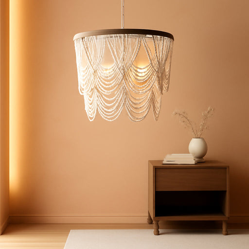 26” Boho Wood Beaded Chandelier Rustic Farmhouse Pendant Light 4-Lights Large Coastal Chandelier for Living Room Dining Room Foyer Entryway Bedroom, Oak White, E26, UL Listed
