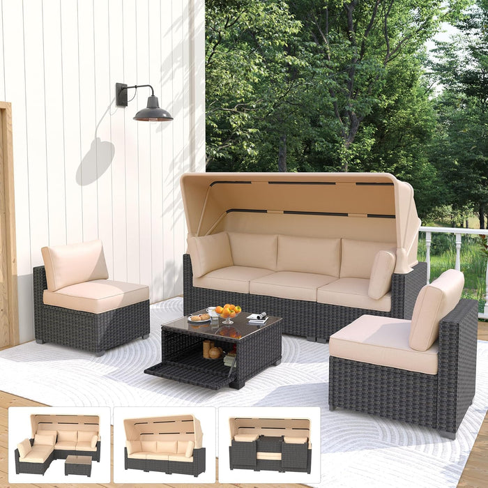 Outdoor Daybed with Canopy,6 Pieces Patio Furniture Sets Adjustable Backrest PE Gradient Wicker Sectional Furniture Set with Tempered Glass Side Table