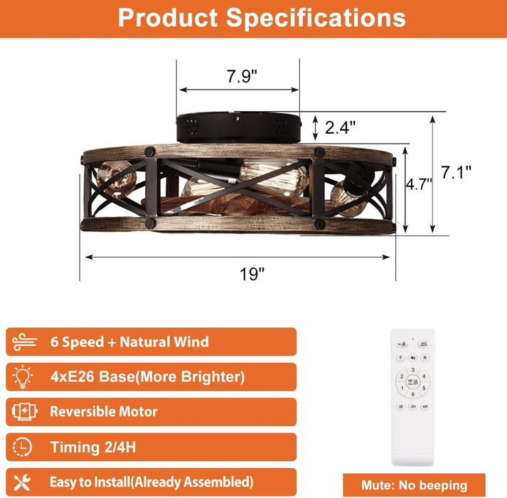 Farmhouse Flush Mount Caged Ceiling Fans with Lights, 6 Speeds, Rustic Low Profile Ceiling Fan with Light and Remote, Small Bladeless Ceiling Fans with Lights for Kitchen, Bedroom