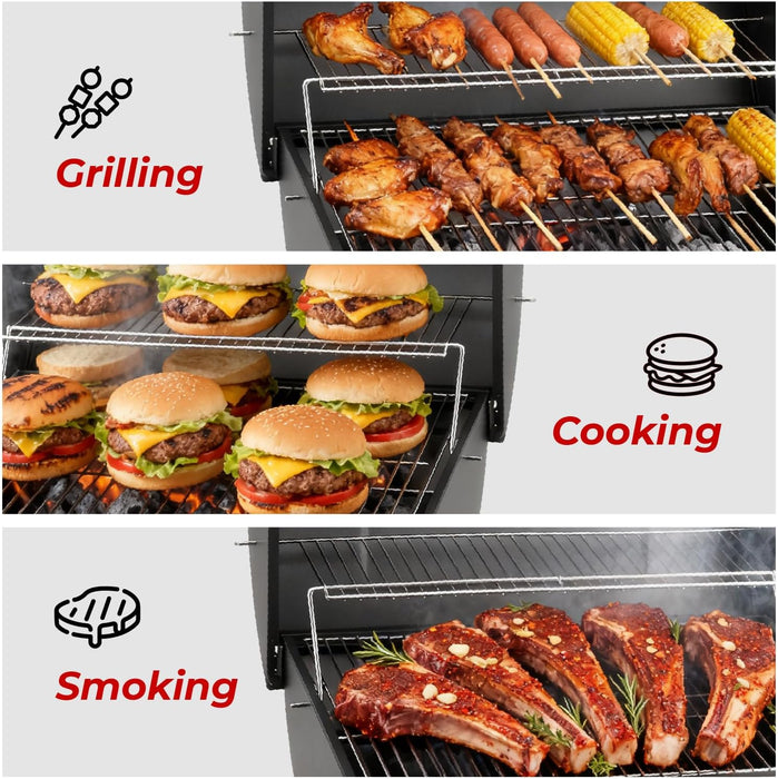 Upgraded Barrel Charcoal Grill with 2 Sides Table, BBQ Grill Outdoor Smoker with Wheels for Party Garden Patio and Backyard Cooking 39''D × 24''W × 46''H (Upgraded Grill W/Side Table)