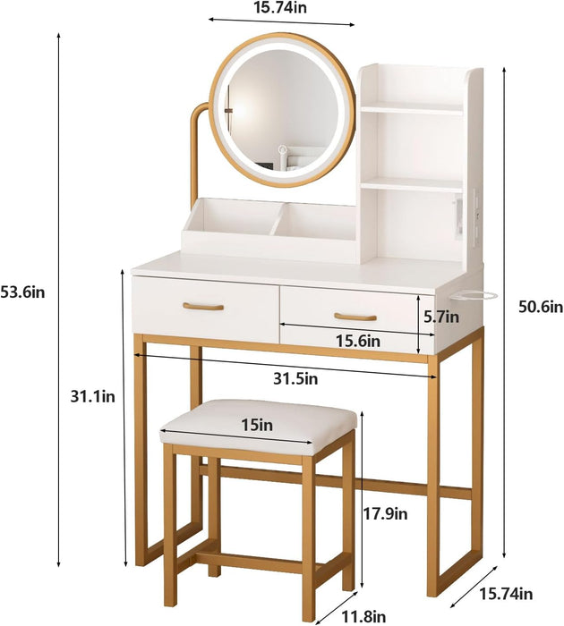 Makeup Vanity with round Mirror and Lights, White Vanity Makeup Table with Charging Station, Small Vanity Table for Bedroom, 3 Lighting Modes, 31.5In(L)