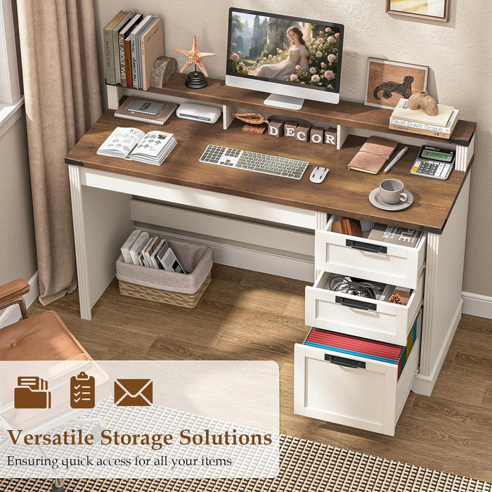 55" Farmhouse Executive Desk with 3 Drawers, Wooden Computer Desk with Keyboard Tray, Home Office Desk with File Drawer (Fits A4 Size) for Work and Study, White and Brown