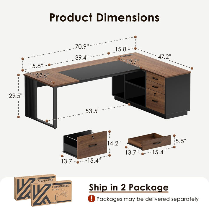 Executive 71 Inch L Shaped Desk with File Cabinet, Walnut+Black