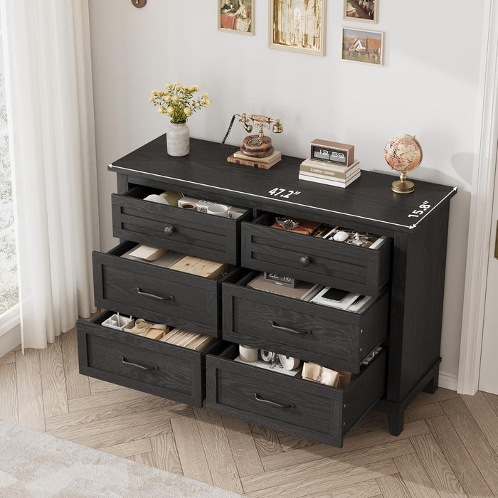 6 Dresser for Bedroom, 47 in Wide Drawer Dresser with Storage Freestanding, Wooden Closet Storage Chest for Living Room, Bedroom, Entryway, Dark Black