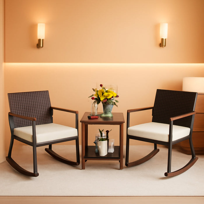 3 Pieces Rocking Bistro Set, Outdoor Rocker Chair with Coffee Table & Cushions, Patio Rattan Furniture Conversation Set for Balcony Porch Poolside (Off White)