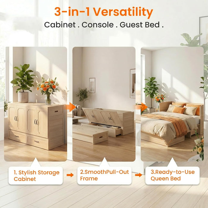 Queen Murphy Bed With Mattress NaturalWood Storage