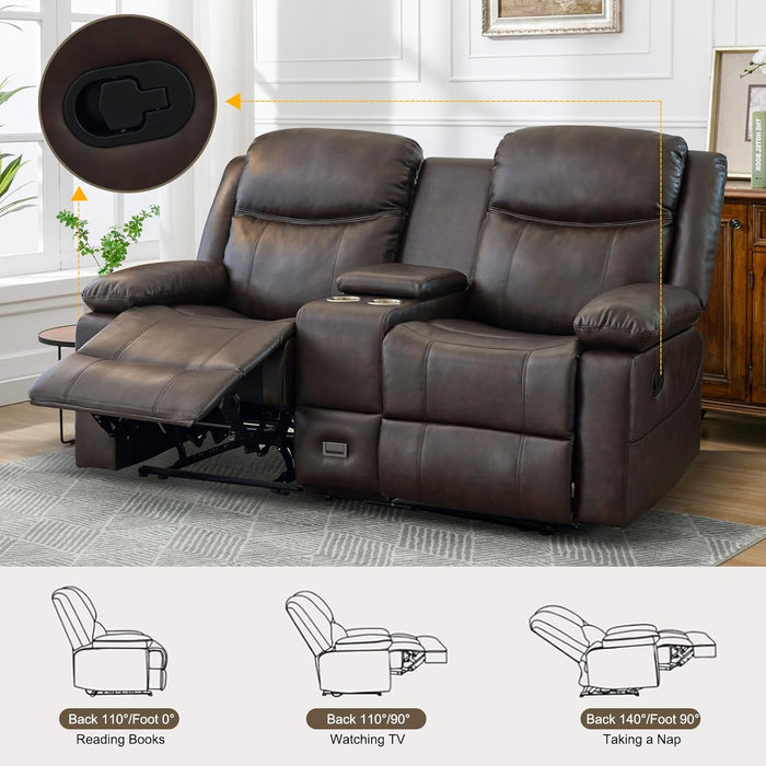Loveseat Recliner, Reclining Loveseat with Console, Double Reclining Loveseat, 2 Seater Manual Reclining Couch for Living Room, Office, Home Theater(Pu-Brown)