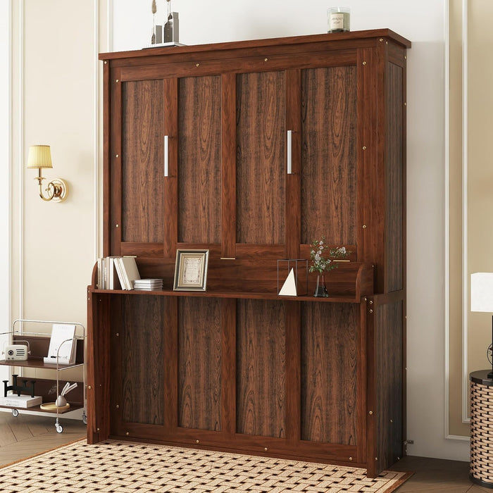 Queen Size Murphy Bed with Storage Shelf & Support Plate for Adult,Girls,Boys,Wood Hidden Wall Bed Cabinet,Space-Saving,No Box Spring Needed, Walnut