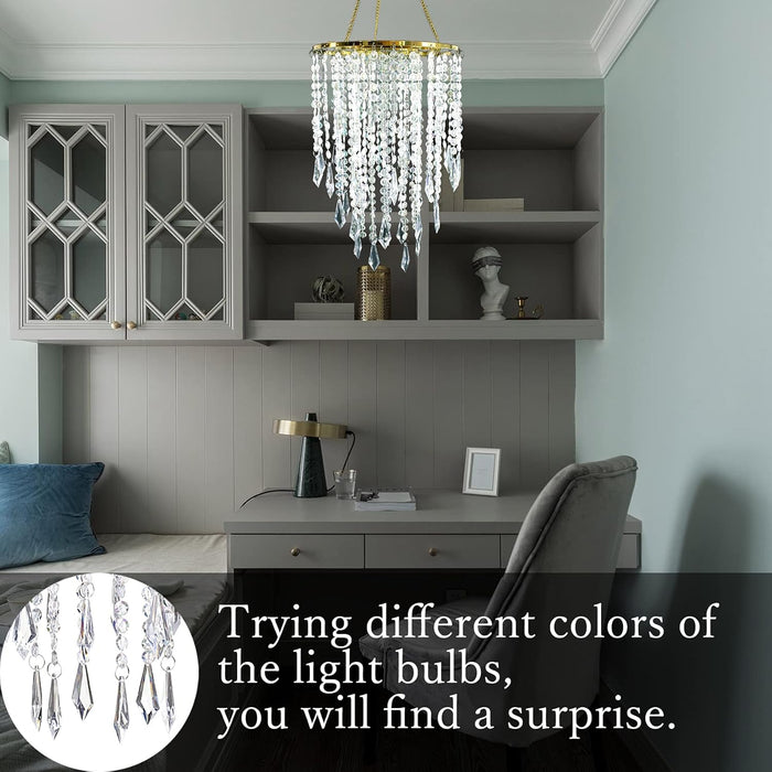 Acrylic Chandelier Ceiling Light Shade Beaded Hanging Pendant Lampshade with Gold Frame for Bedroom for Wedding Party H12.9" X W8.7" 3 Tiers