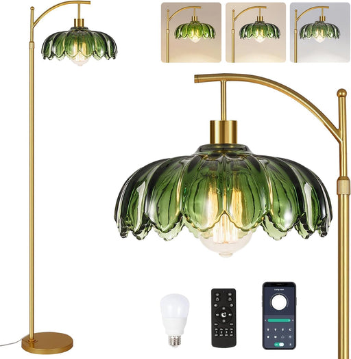 Glass Floor Lamp for Living Room,Bedroom,Mid Century Modern Standing Lamp with Remote,Dimmable Gold Tall Lamp Green Vintage Retro Arc Flower Floor Light Boho Bohemian