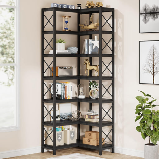 7-Shelf Corner Bookshelf,Large Modern Corner Bookcase, 7-Tier Tall Corner Shelf Storage Display Rack with Metal Frame for Living Room Home Office (Black)