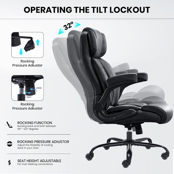 500Lbs Big and Tall Office Chair Adjustable Lumbar Support for Back Pain, Extra Wide Seat Executive Office Chair Thick Armrest Pad, Heavy Duty Base&Upgraded Wheels, Ergonomic Desk Chair