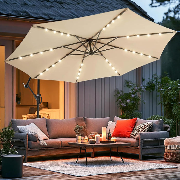 10Ft Solar LED Offset Patio Umbrella, Outdoor Cantilever Patio Umbrellas with Solor Lights for Backyard, Poolside and Garden, Easy Tilt Adjustment, 32 LED Lights & Polyester Shade, Beige