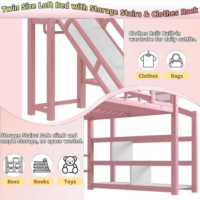 Twin Size Metal Loft Bed With UnderbedStorageShelves