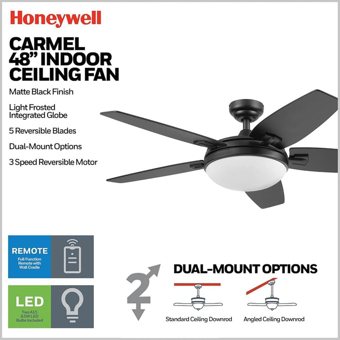 Ceiling Fans Carmel, 48 Inch Contemporary Indoor LED Ceiling Fan with Light, Remote Control, Dual Mounting Options, Dual Finish Blades, Reversible Motor - 51912-01 (Black)