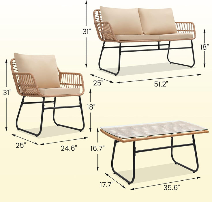 4 Piece Patio Bistro Outdoor Furniture Set, Wicker Sofa, 2 Rattan Chairs, and Table, Backyard Conversation Set, All Weather Cushions, Natural Rattan Beige Cushion
