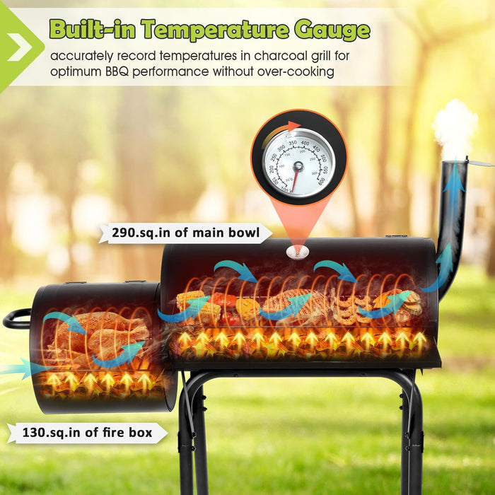 Outdoor Charcoal Grill with Cover, Large Barrel BBQ Grill with Offset Smoker, Great for Camping Patio Backyard Garden Party Picnic Beach, Large 420.SQ.IN Cooking Area, 2 Screwdrivers - Black