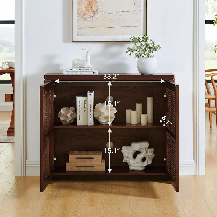 Small Sideboard Buffet Cabinet,Narrow Kitchen Storage Cabinet with 2 Rattan Doors,Mid Century Modern Thin Console Table for Living Room,Entryway(39.4" Walnut)