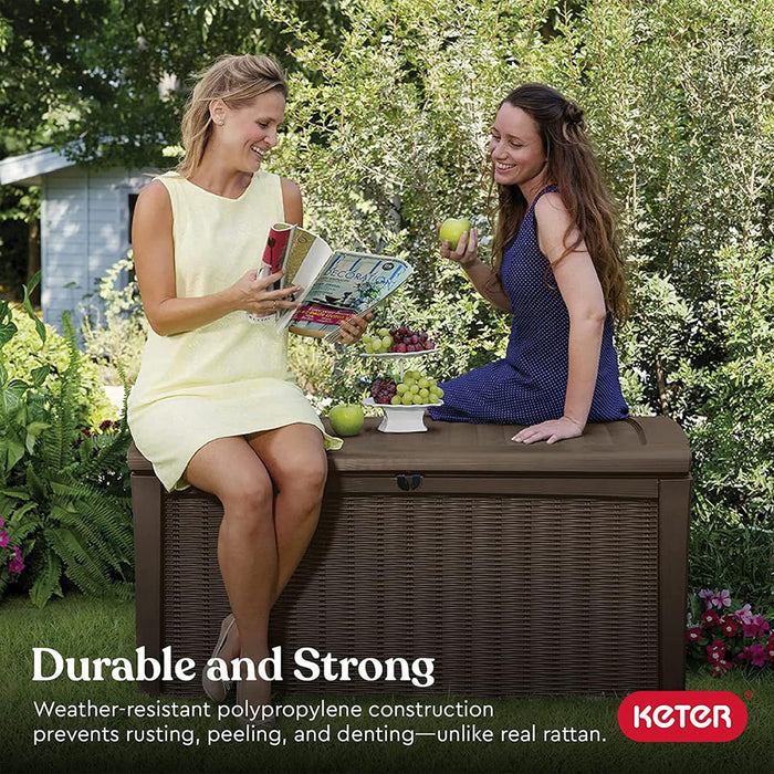 Outdoor Storage Deck Box, for Patio, Backyard & Garden, Borneo, 110 Gallon, Brown - Lockable, Organizing, and Waterproof Plastic Container Bench